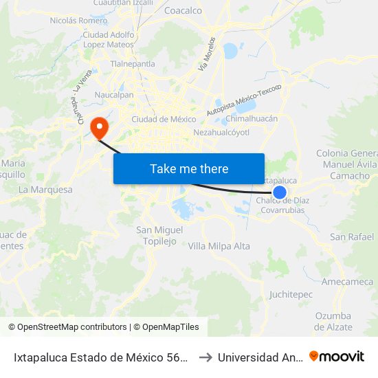 Ixtapaluca Estado de México 56605 México to Universidad Anahuac map