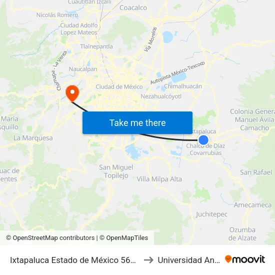 Ixtapaluca Estado de México 56605 México to Universidad Anahuac map