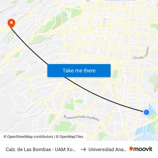 Calz. de Las Bombas - UAM Xochimilco to Universidad Anahuac map