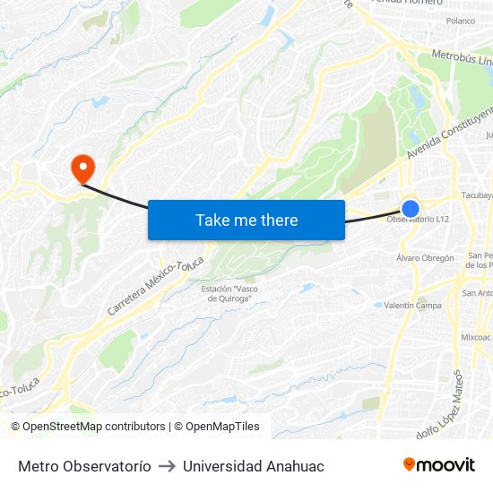 Metro Observatorío to Universidad Anahuac map