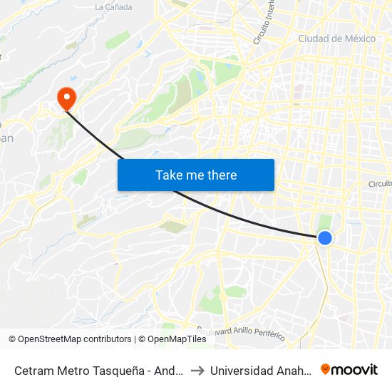 Cetram Metro Tasqueña - Anden A to Universidad Anahuac map