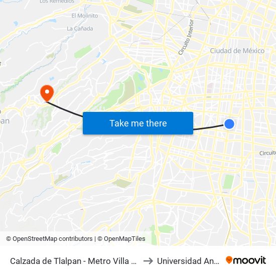 Calzada de Tlalpan - Metro Villa de Cortes to Universidad Anahuac map