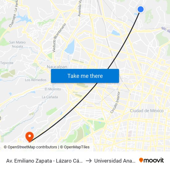 Av. Emiliano Zapata - Lázaro Cárdenas to Universidad Anahuac map