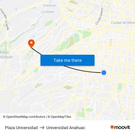 Plaza Universidad to Universidad Anahuac map