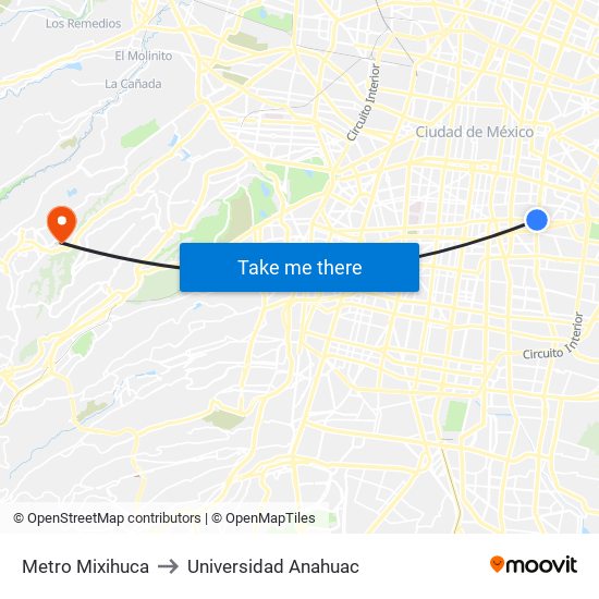 Metro Mixihuca to Universidad Anahuac map