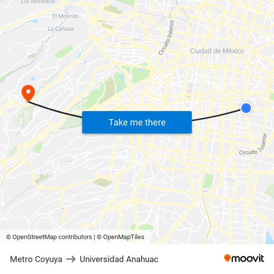 Metro Coyuya to Universidad Anahuac map