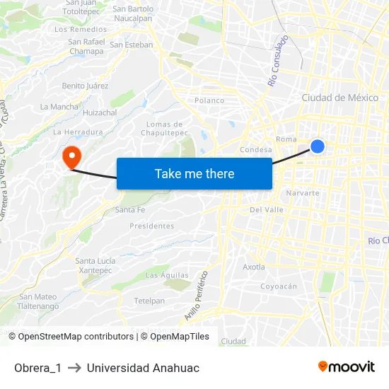 Obrera_1 to Universidad Anahuac map