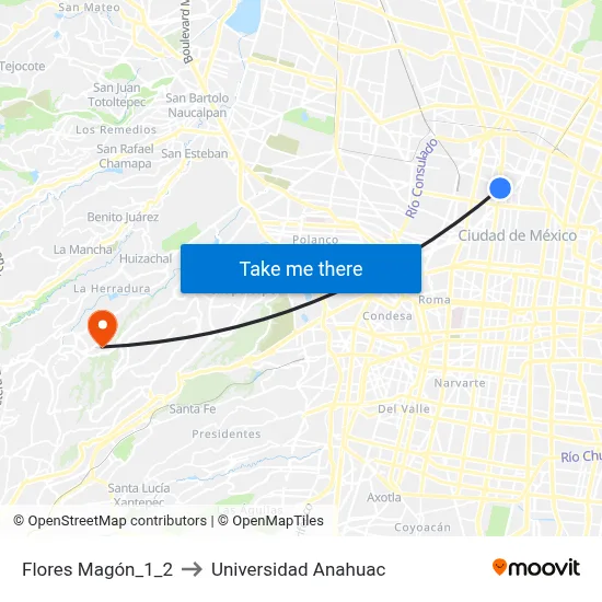 Flores Magón_1_2 to Universidad Anahuac map