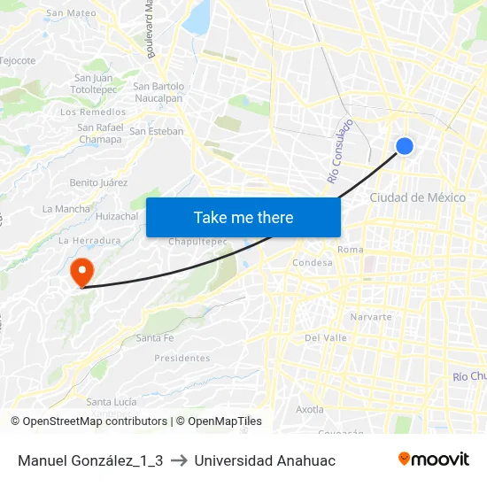 Manuel González_1_3 to Universidad Anahuac map