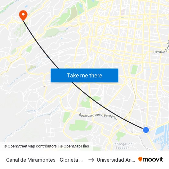 Canal de Miramontes - Glorieta Villa Coapa to Universidad Anahuac map