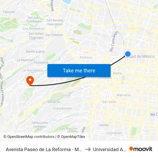 Avenida Paseo de La Reforma - Metro Hidalgo_1 to Universidad Anahuac map