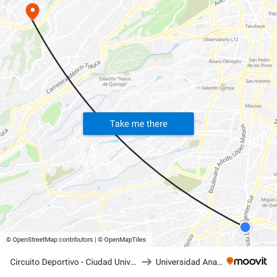 Circuito Deportivo - Ciudad Universitaria to Universidad Anahuac map