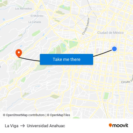 La Viga to Universidad Anahuac map