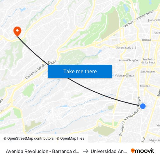 Avenida Revolucion - Barranca del Muerto to Universidad Anahuac map