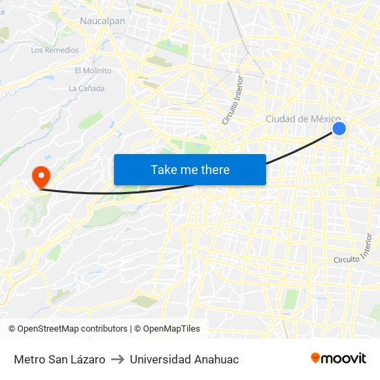 Metro San Lázaro to Universidad Anahuac map