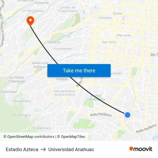 Estadio Azteca to Universidad Anahuac map
