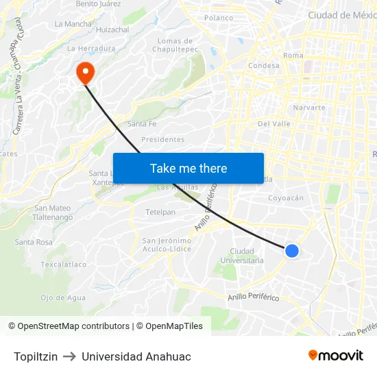 Topiltzin to Universidad Anahuac map
