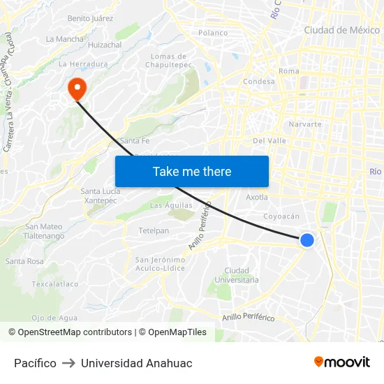Pacífico to Universidad Anahuac map