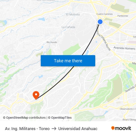 Av. Ing. Militares - Toreo to Universidad Anahuac map