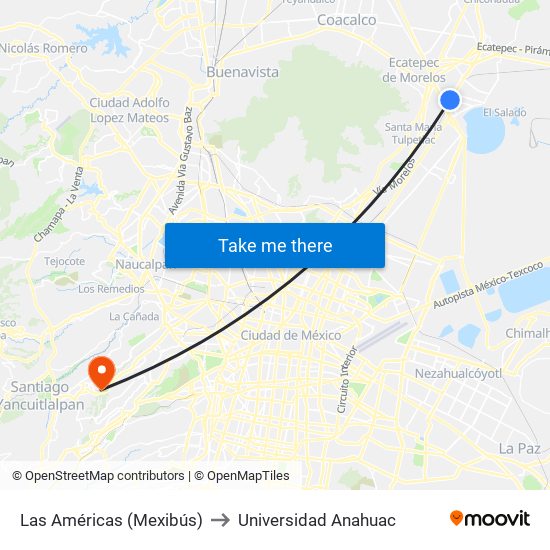 Las Américas (Mexibús) to Universidad Anahuac map