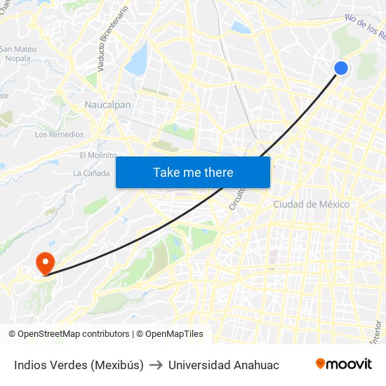 Indios Verdes (Mexibús) to Universidad Anahuac map
