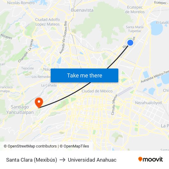Santa Clara (Mexibús) to Universidad Anahuac map