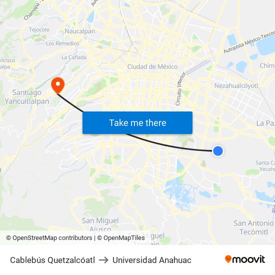 Cablebús Quetzalcóatl to Universidad Anahuac map