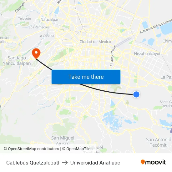 Cablebús Quetzalcóatl to Universidad Anahuac map