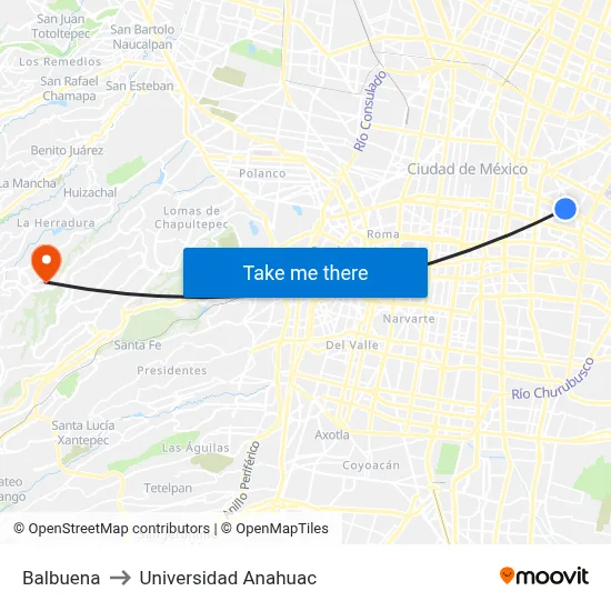 Balbuena to Universidad Anahuac map