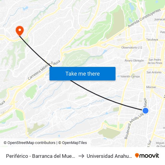 Periférico - Barranca del Muerto to Universidad Anahuac map