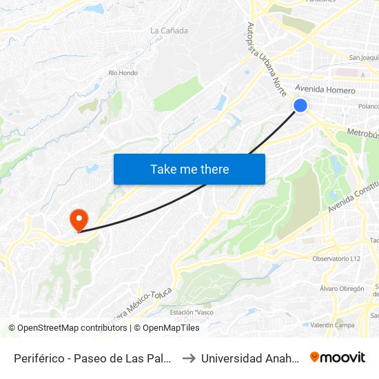 Periférico - Paseo de Las Palmas to Universidad Anahuac map