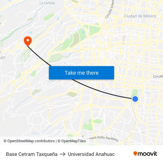 Base Cetram Taxqueña to Universidad Anahuac map
