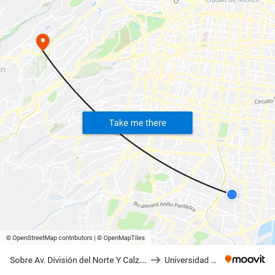 Sobre Av. División del Norte Y Calz. de Las Bombas to Universidad Anahuac map