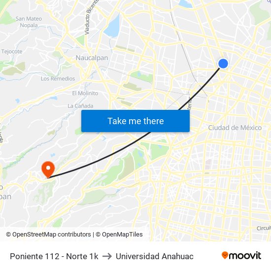 Poniente 112 - Norte 1k to Universidad Anahuac map