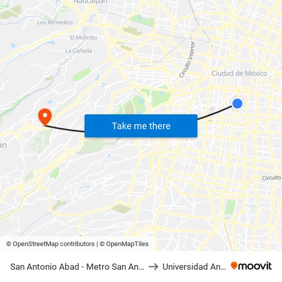 San Antonio Abad - Metro San Antonio Abad to Universidad Anahuac map
