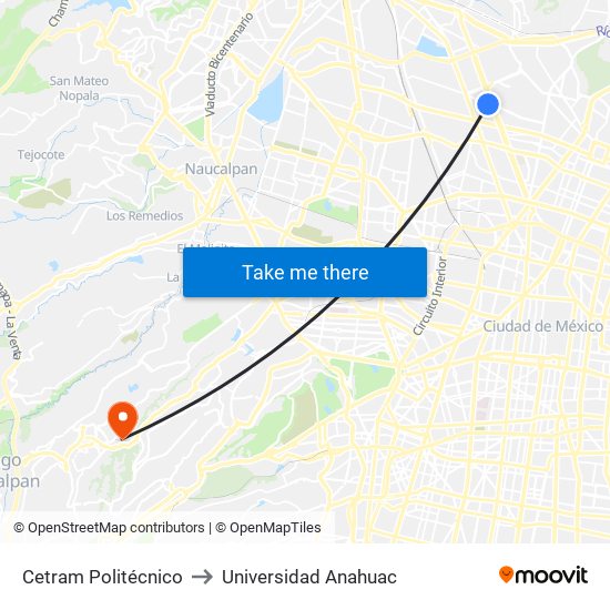 Cetram Politécnico to Universidad Anahuac map