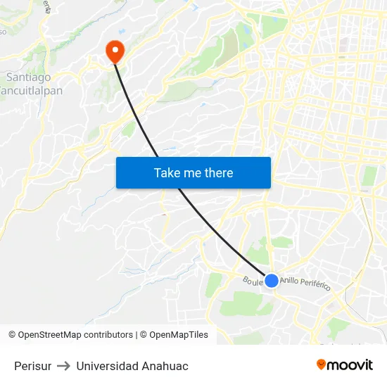 Perisur to Universidad Anahuac map