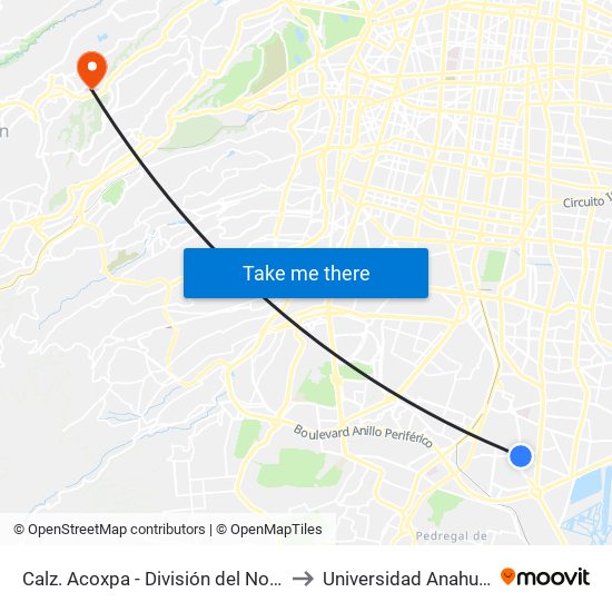 Calz. Acoxpa - División del Norte to Universidad Anahuac map