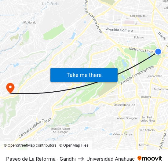 Paseo de La Reforma - Gandhi to Universidad Anahuac map