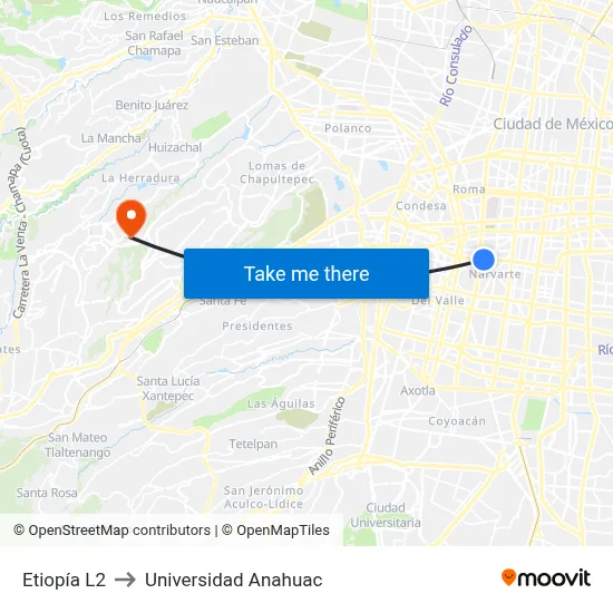 Etiopía L2 to Universidad Anahuac map