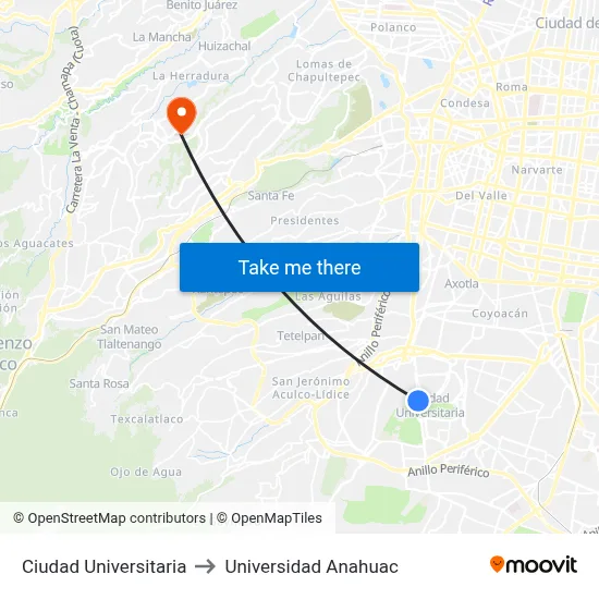 Ciudad Universitaria to Universidad Anahuac map