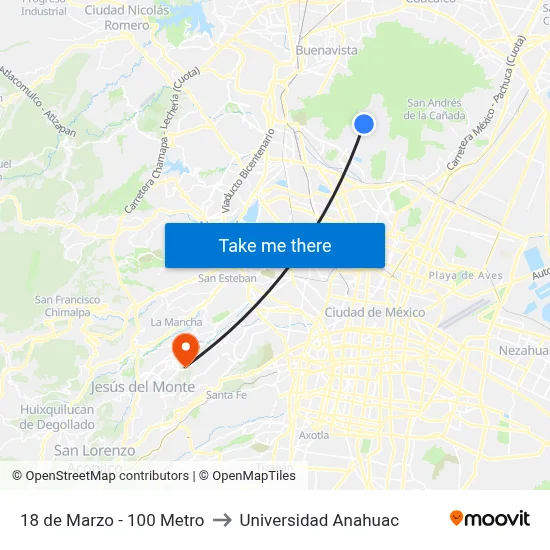18 de Marzo - 100 Metro to Universidad Anahuac map