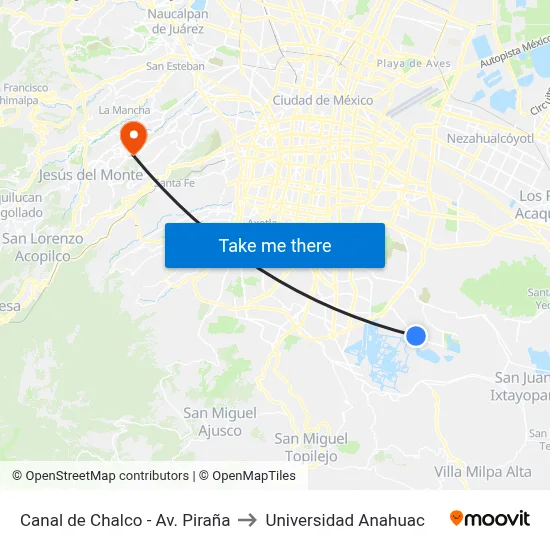 Canal de Chalco - Av. Piraña to Universidad Anahuac map