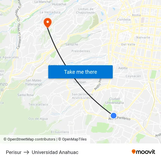 Perisur to Universidad Anahuac map