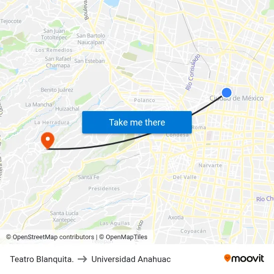 Teatro Blanquita. to Universidad Anahuac map