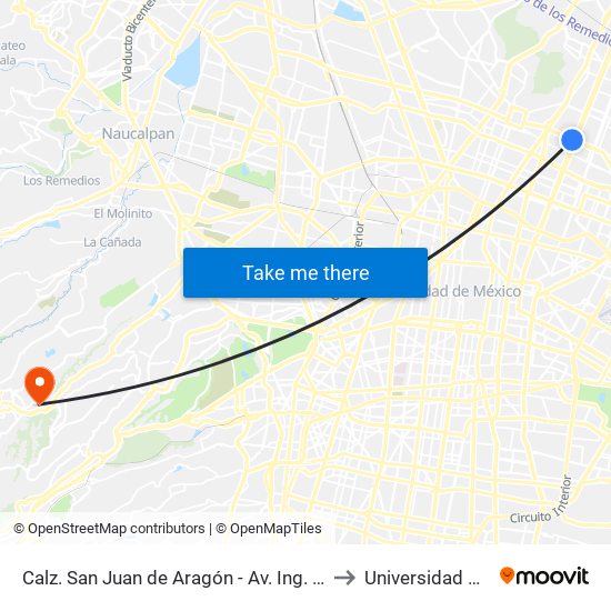 Calz. San Juan de Aragón - Av. Ing. Eduardo Molina to Universidad Anahuac map