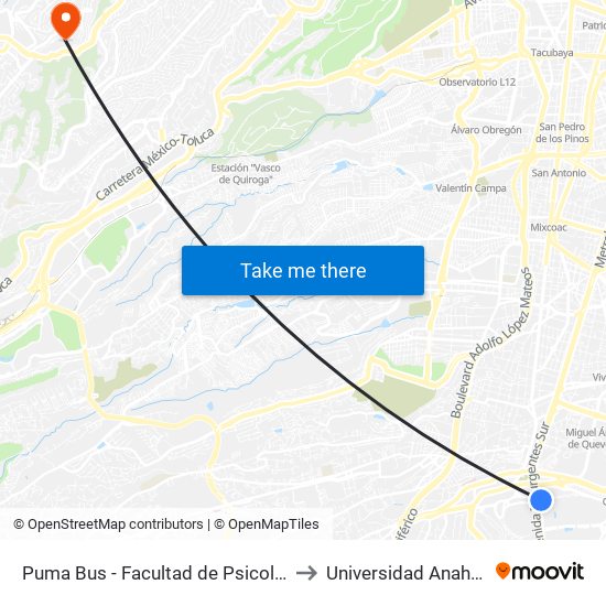 Puma Bus - Facultad de  Psicología to Universidad Anahuac map