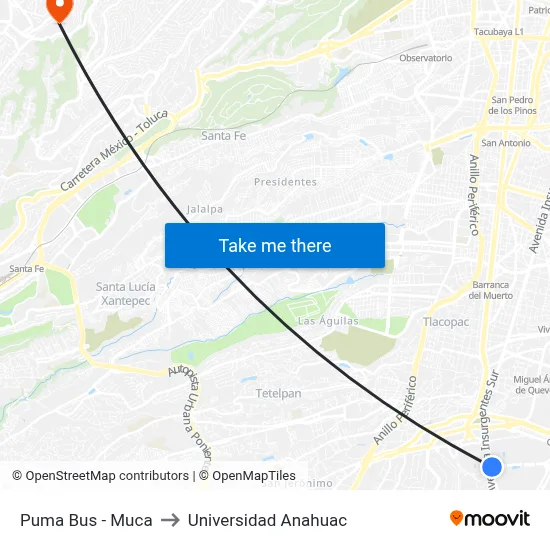 Puma Bus - Muca to Universidad Anahuac map