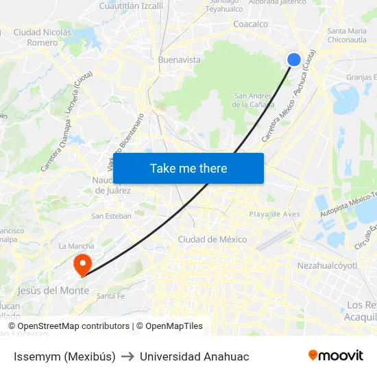 Issemym (Mexibús) to Universidad Anahuac map