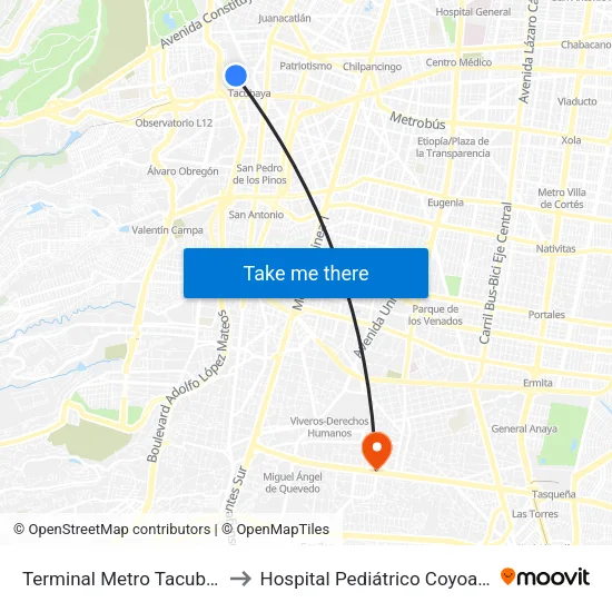 Terminal Metro Tacubaya to Hospital Pediátrico Coyoacán map